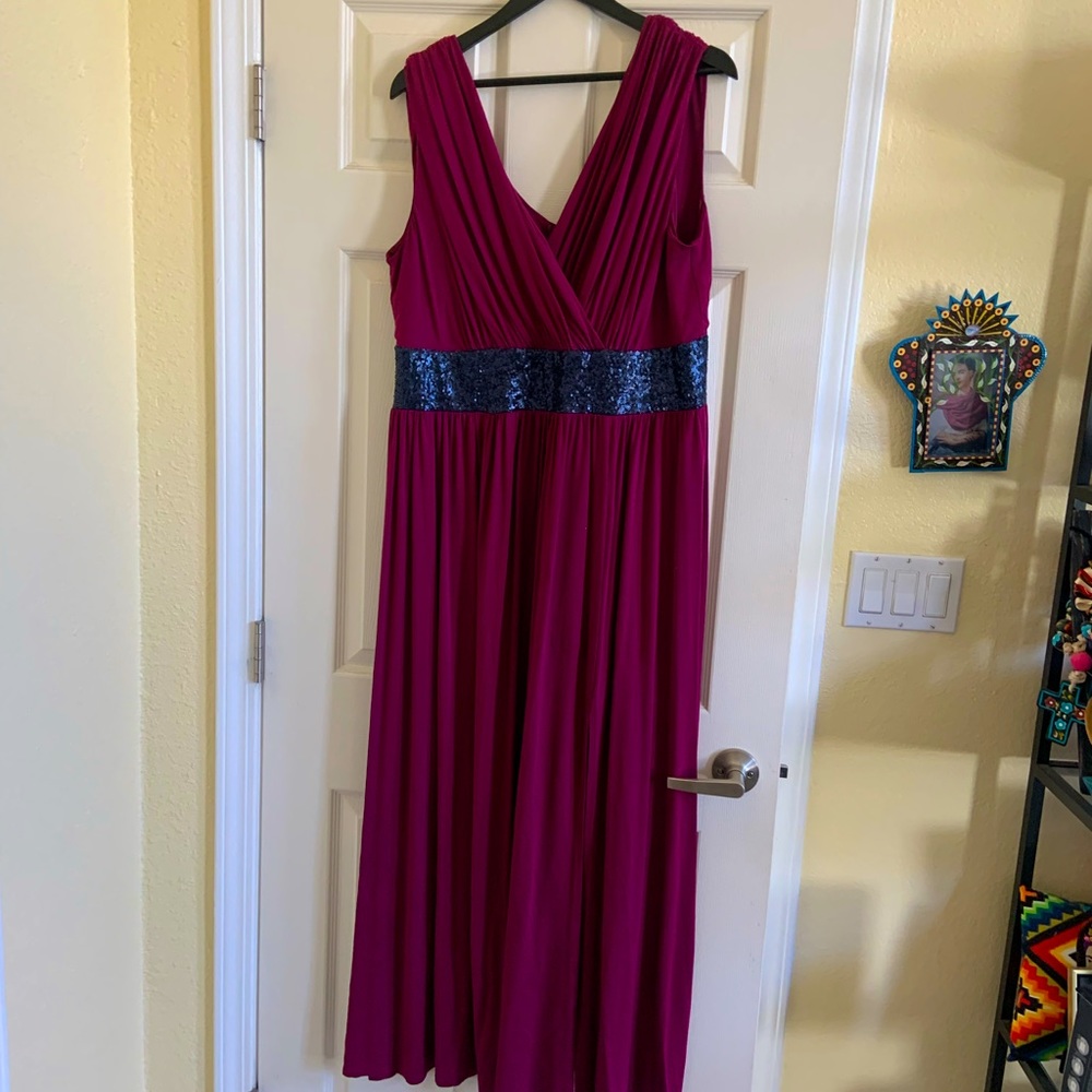 ASOS Grecian style maxi jersey knit dress. Magenta w/sequin waist. 18W